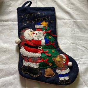 Vintage Handmade Christmas Stocking 16x10” 3D Felt with Glitter Thread & Hanger
